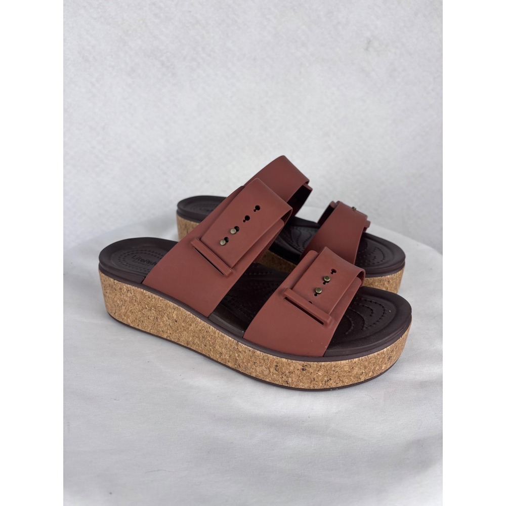 Crocs Literide Buckle Slide Sandals Wedge Platform Cork Brown Women's 9 Comfort - Picture 1 of 6
